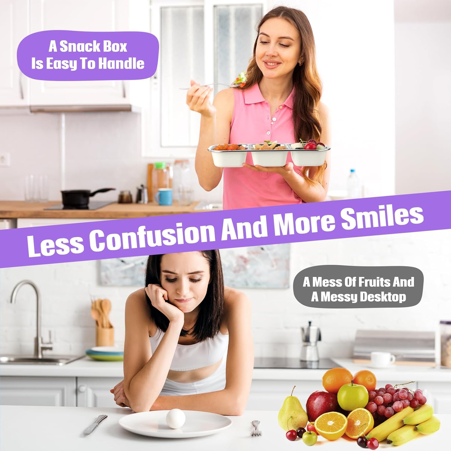 CHENGU 4 Pcs Stainless Steel Snack Containers - Reusable 3 Compartments Leakproof Metal Box with Lids, Large Grab and Go Divided Food Storage Containers for Home, Travel (Purple, Cream White) - Image 5