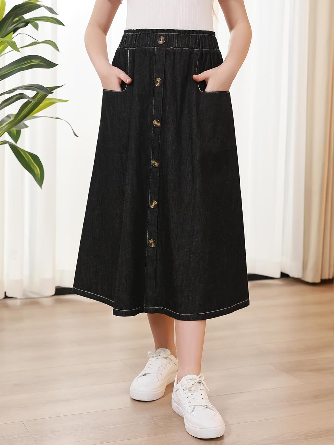 GORLYA Girls Long Denim Skirts Trendy Casual Elastic Waist Front Button A Line Jean Skirts with Pockets 6-14 Years - Image 6