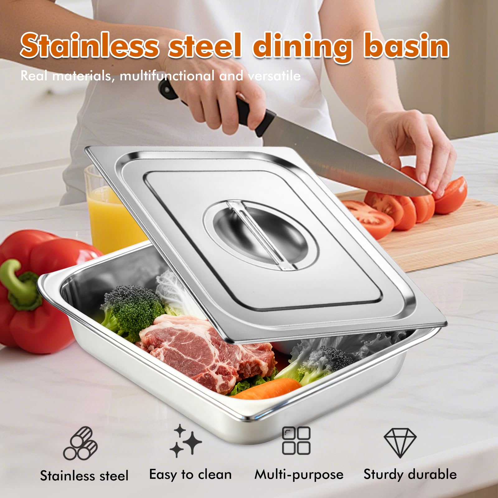 BORDEAG Juego de 3 recipientes gastronorm de acero inoxidable para empanar con tapa, bandeja para empanar rectangular GN 1/2, 32,5 x 26,5 x 6,5 cm, apilable, para marinar carne, chuletas