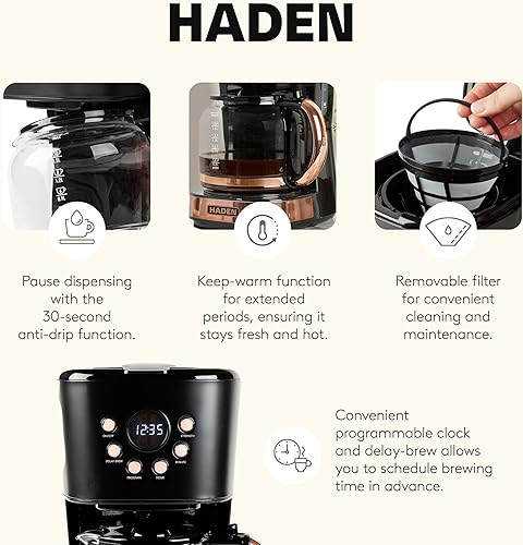 Miniatura 4 de HADEN Hervidor eléctrico Heritage de acero inoxidable de 1.7 litros con cafetera de goteo de 12 tazas, cafetera con apagado automático, negro y