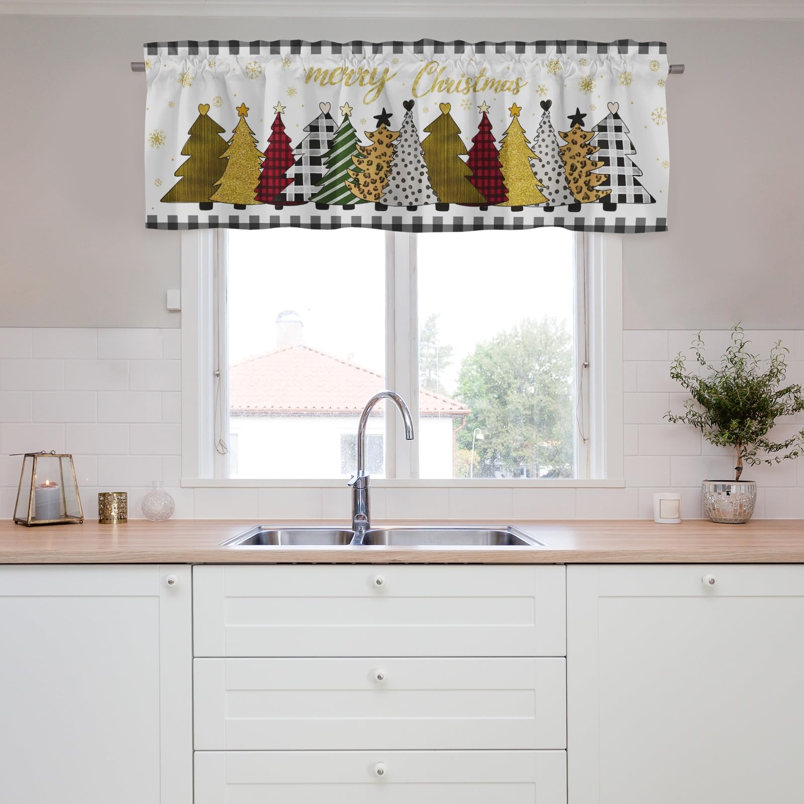 Merry Christmas Valance Curtains,Christmas Tree Short Valance Window Curtains,Blackout Valance Curtains,Curtains Rod Pocket Valances,Farmhouse Country Window Curtains for Bedroom Bathroom Living Room