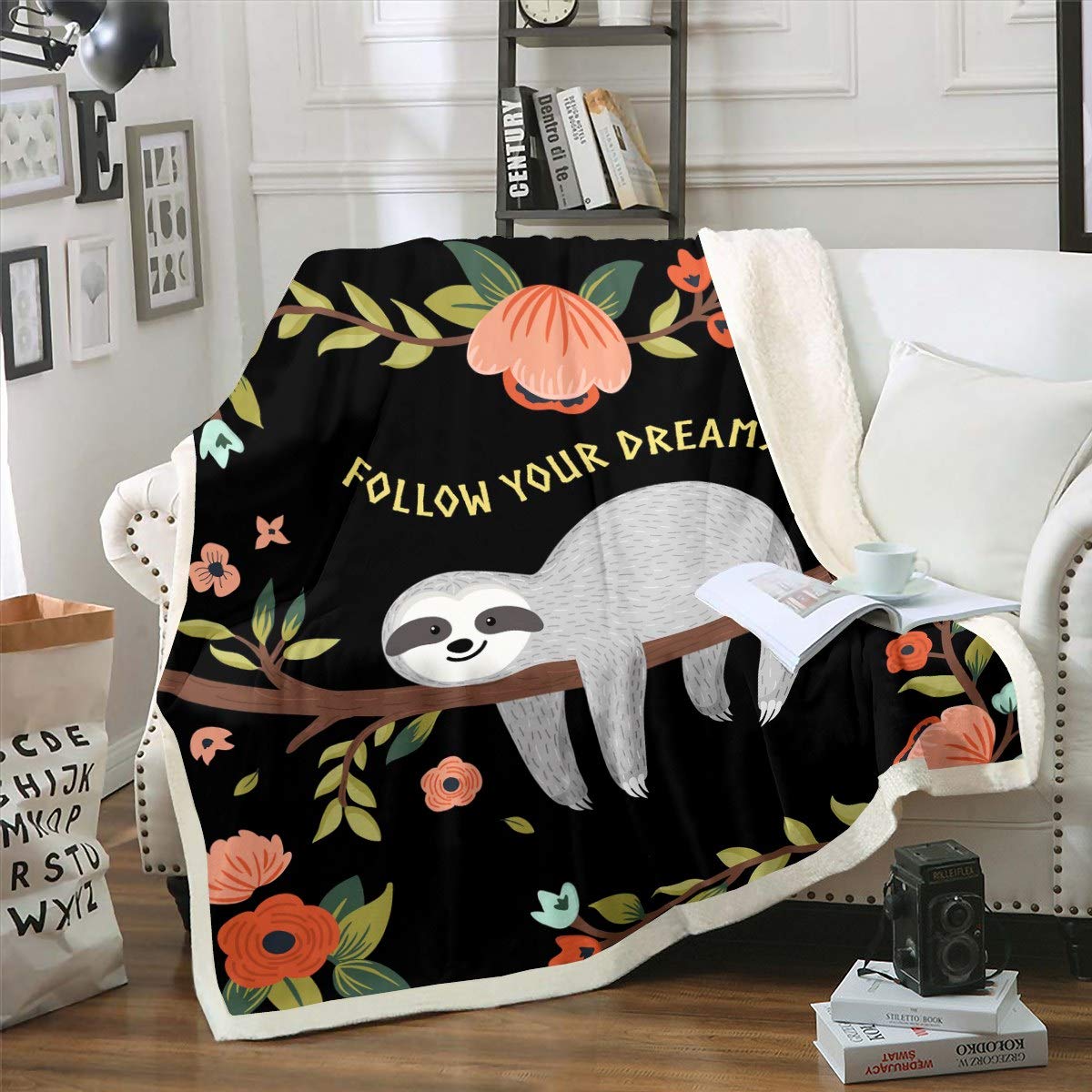 Faultier Kuscheldecke 150x200cm Flanell Fleecedecke Schwarz Mikrofaser Kinder Jungen Mädchen
