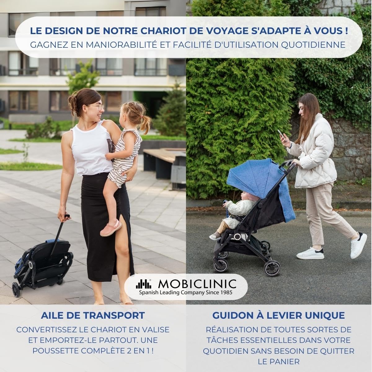 Mobiclinic® kids, Poussette, Ultra-compacte, Trip, Harnais 5 points, Barre de portage, Panier, 0-36 mois, Entièrement réglable, Poignée unique, Capot rabattable, Freins verrouillables