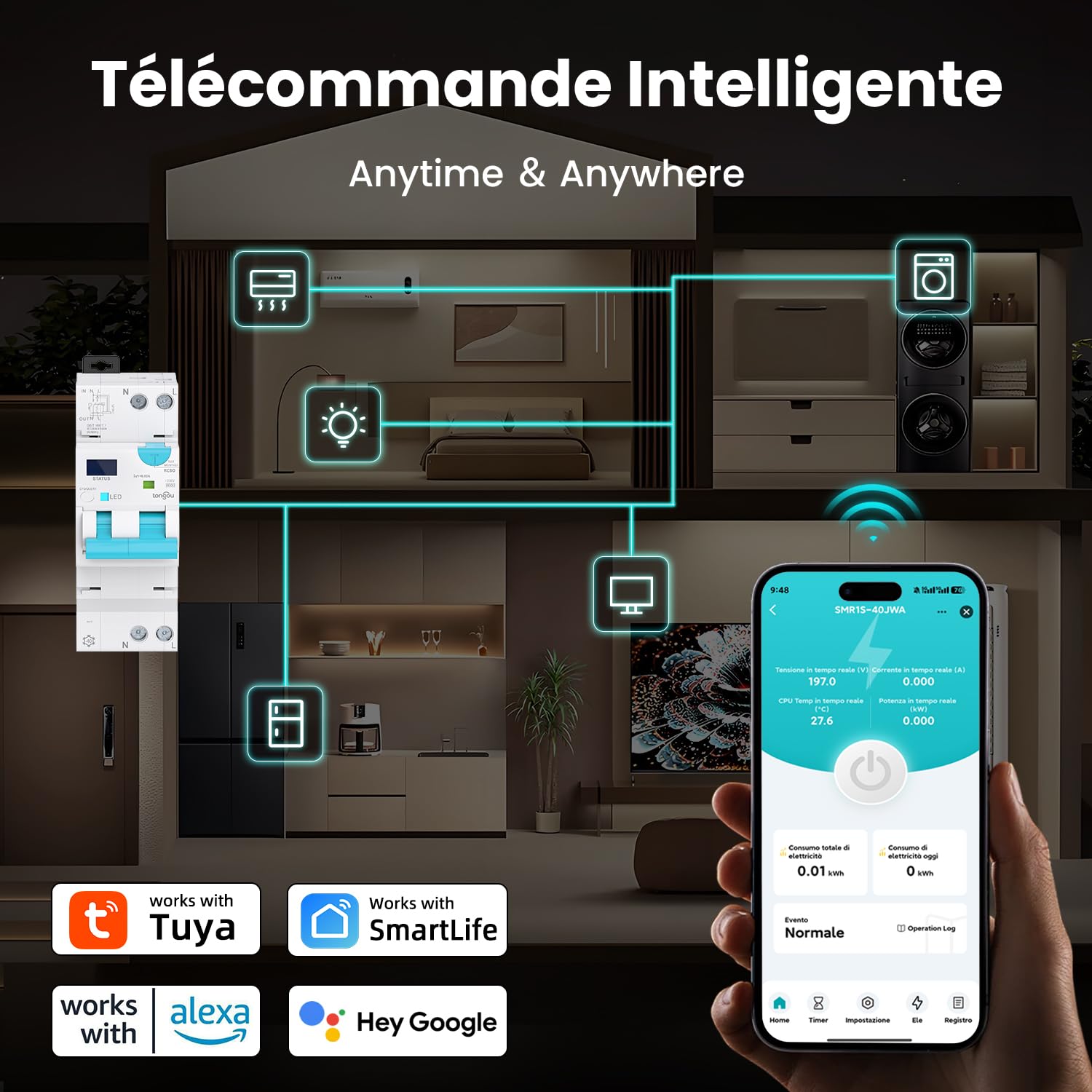 TONGOU RCBO Intelligent Interrupteur Différentiel 1P+N WIFI/TUYA App， Disjoncteur Fi Automatique Réarmable Type A 6kA, Protection contre les surintensités et fuites Rail din (1-40A / 30mA)