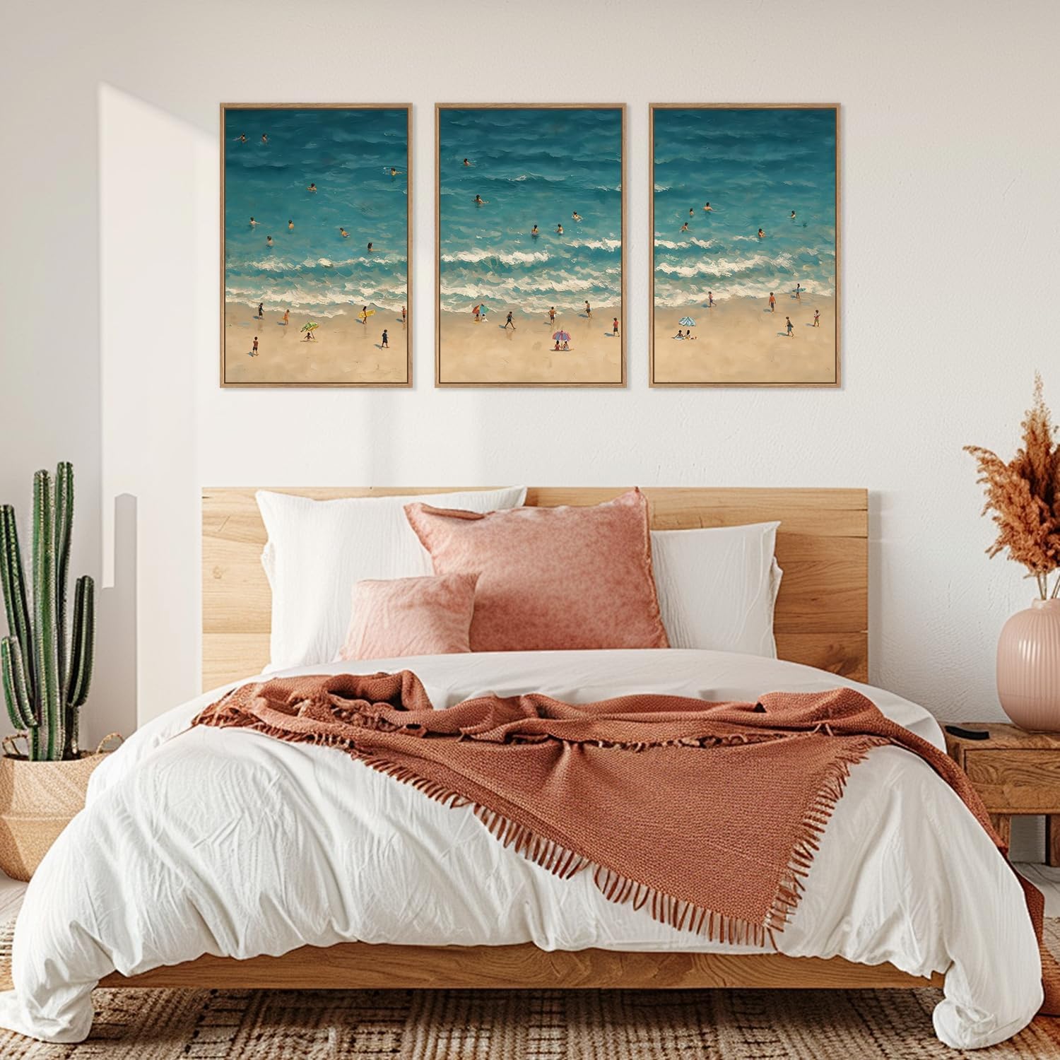 HLNIUC Summer Beach Canvas Wall Art,Modern Minimalist Coastal Landscape Wall Decor Set of 3(16”x24”) Blue Abstract Ocean Painting, Summer Swimming in the Sea Art Print for Living Room,Bathroom