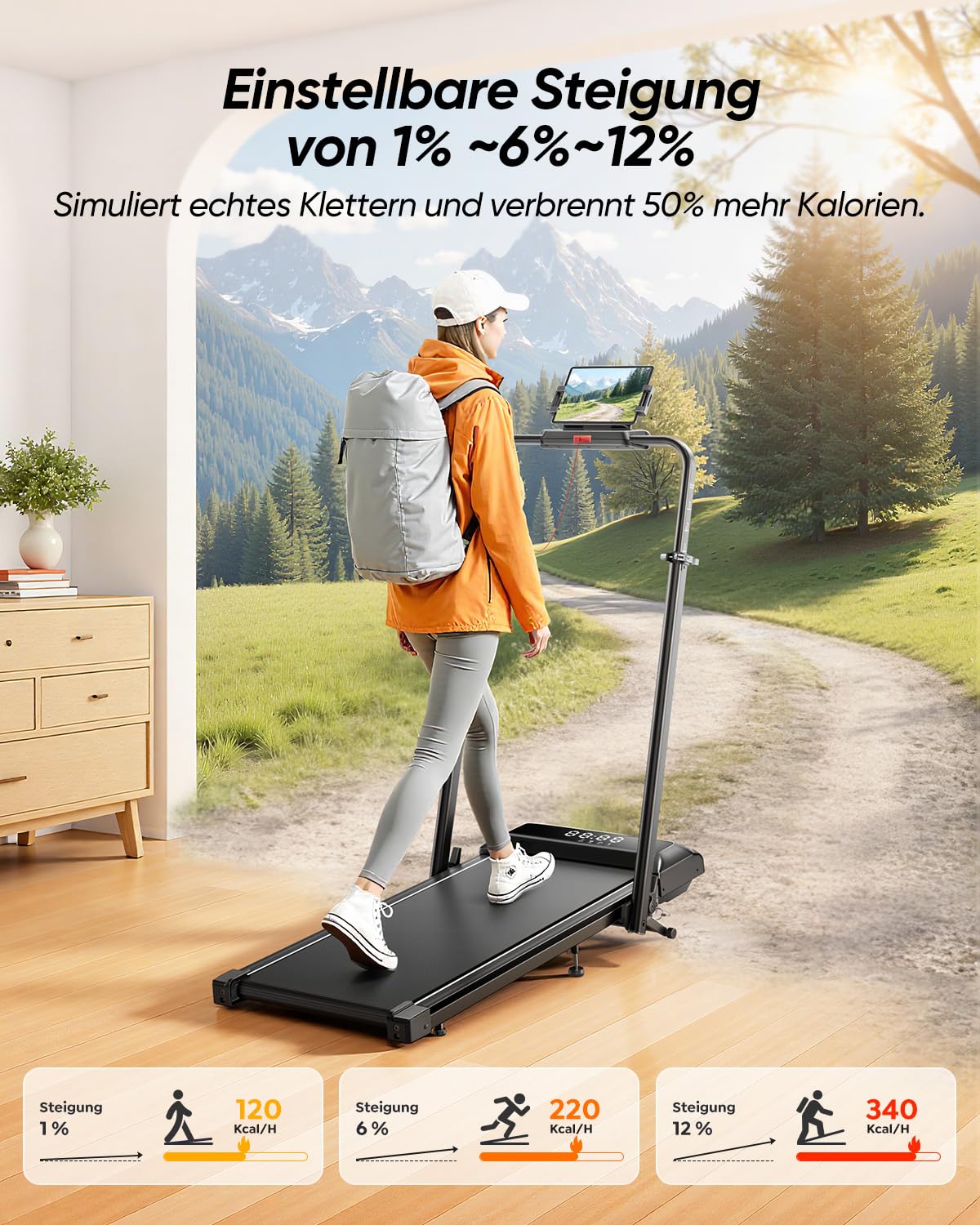 laufband für Zuhause mit Neigung, 6 IN 1 Walking Pad mit 0~15% Automatischer Steigung, 3.0HP Klappbar Laufband für Zuhause & Büro mit Lautsprecher,Bis 136kg Belastbar