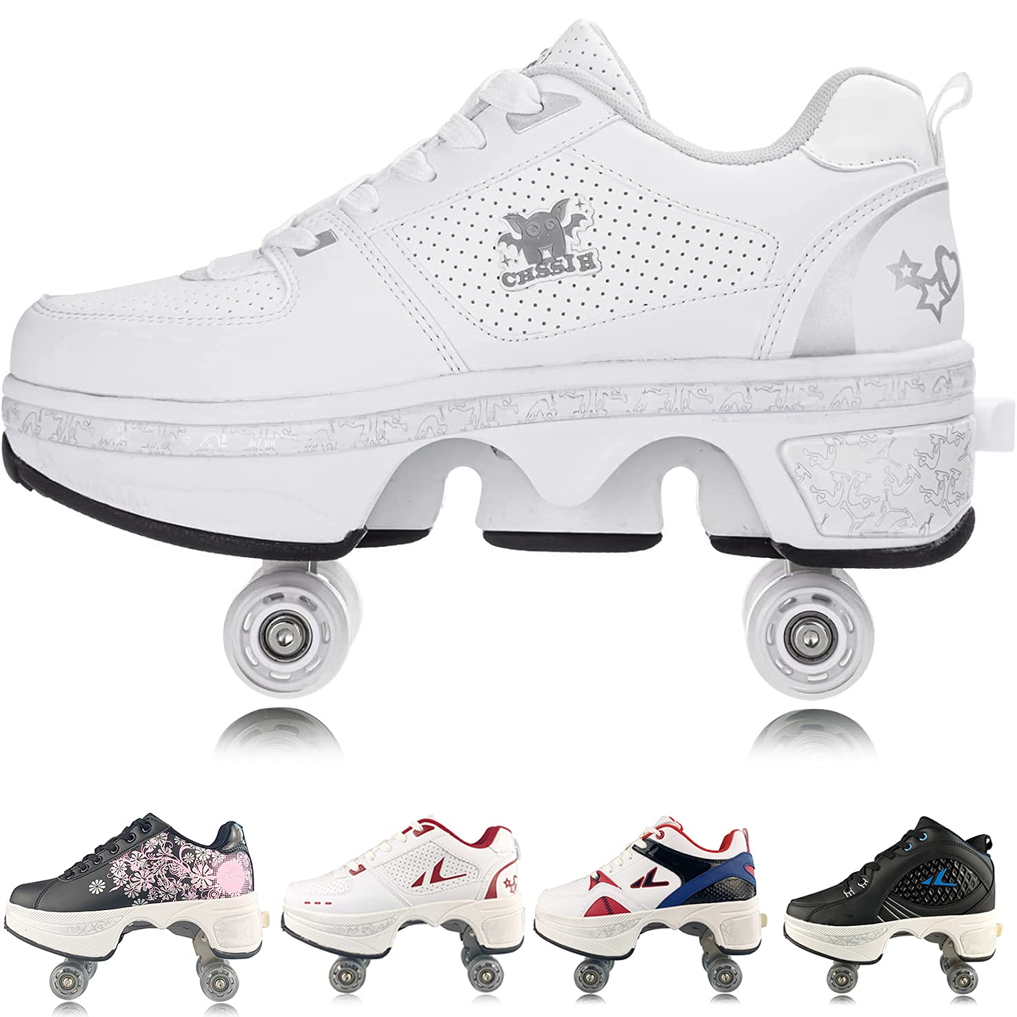 PLMOKN Women's Retractable Roller Skates Outdoor Girls Kick Roller Shoes Men Deformation Sneakers,(???) EU 41/US 9.5,White