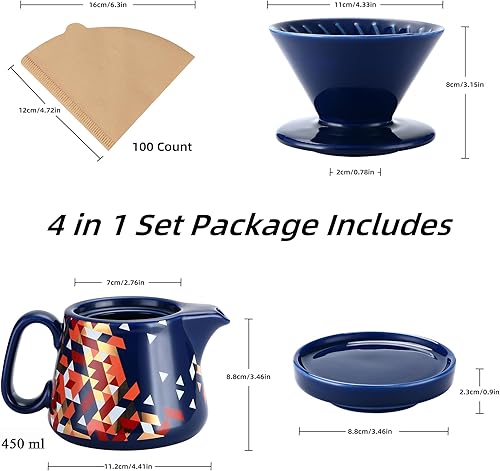 Miniatura 5 de Cafetera vertida, gotero de café de cerámica con 100 filtros de papel tamaño 02, servidor de café de cerámica con tapa, 15.5 onzas, adecuado para