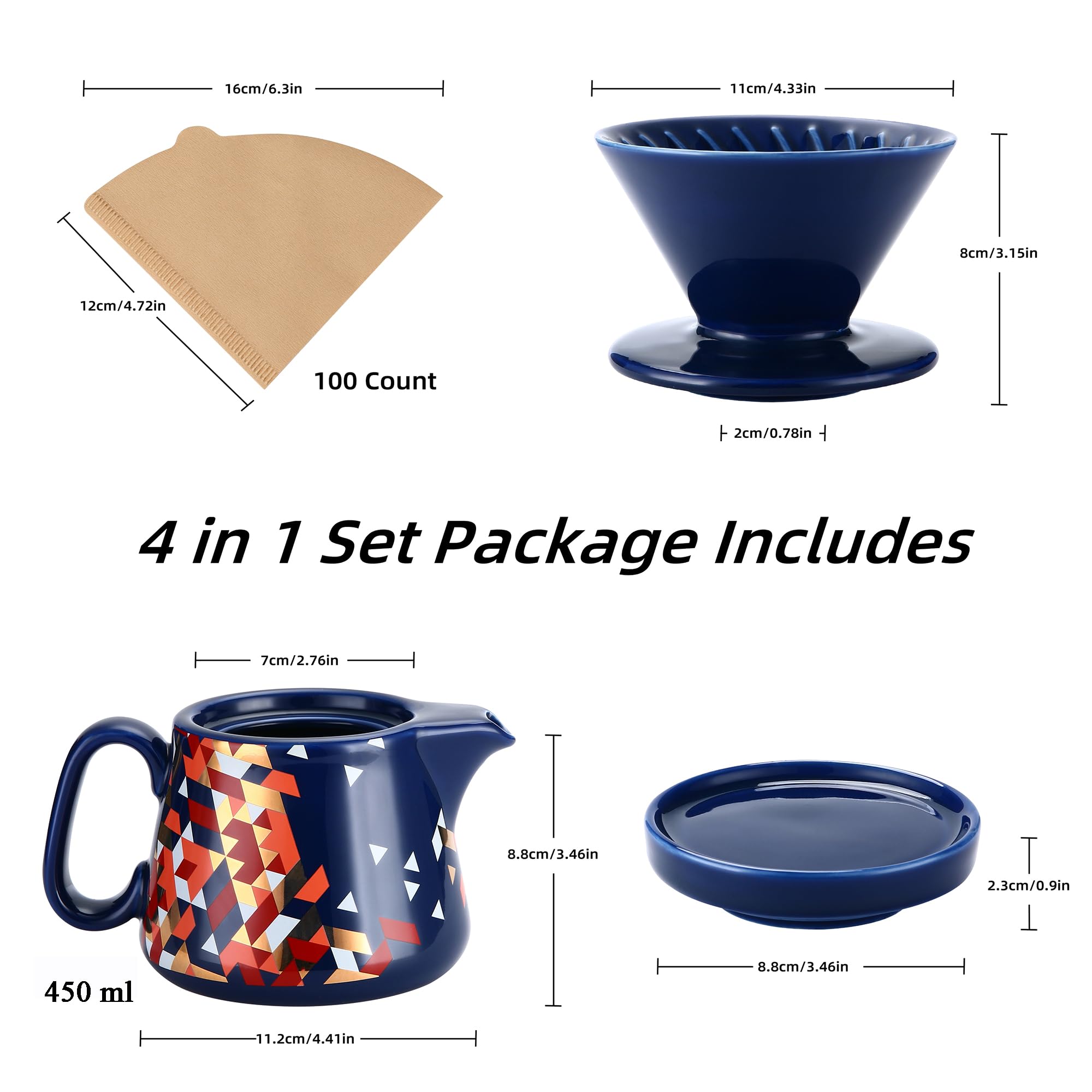 Cafetera de vertido, gotero de café de cerámica con 100 filtros de papel tamaño 02, servidor de café de cerámica con tapa, 450 ml, adecuado para 1-2 personas (azul)