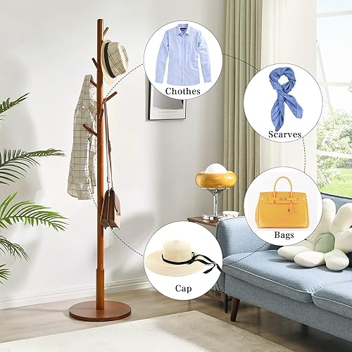 Miniatura 2 de IBUYKE Perchero independiente con base redonda sólida y 8 ganchos, perchero de madera de fácil montaje, perchero para pasillo, entrada, sala de