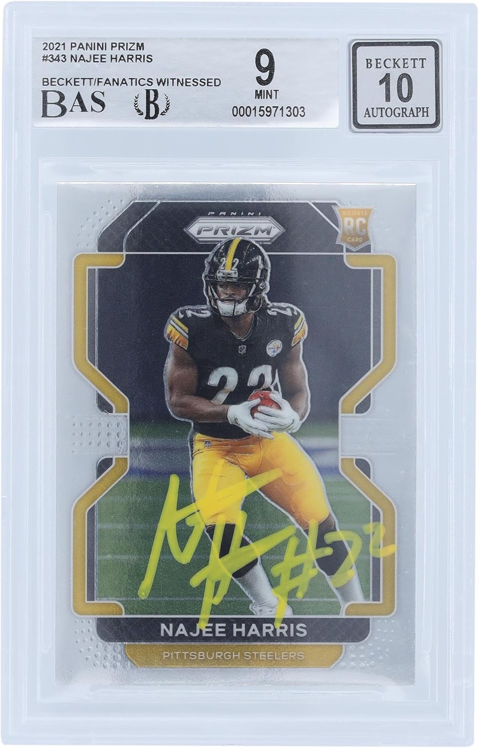 Najee Harris Pittsburgh Steelers Autographed 2021 Panini Prizm #343 Beckett Fanatics Witnessed Authenticated 9/10 Rookie Card - Football Slabbed Autographed Rookie Cards