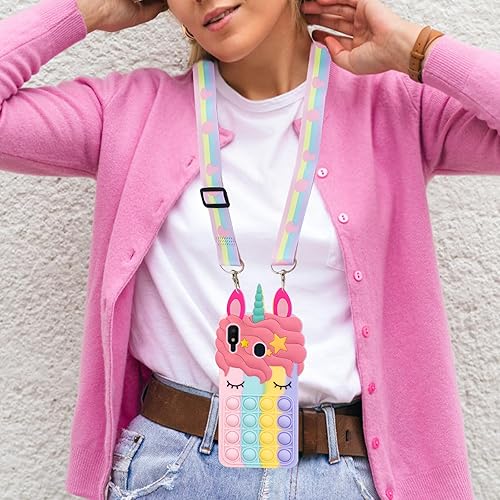 Miniatura 3 de nancheng Funda para teléfono Galaxy A21 con correa, juguetes para aliviar el estrés Push Pop Bubble 3D Cartoon Funny Kawaii Funda de silicona para