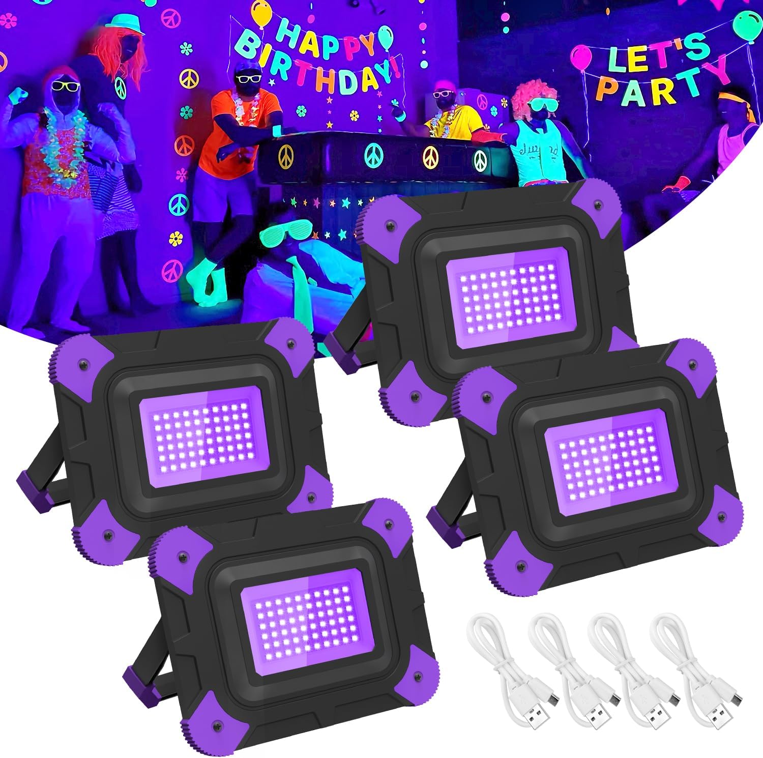 T-SUN Rechargeable Black Lights, Battery Powered Black Lights for Fishing Portable Blacklights for Glow Party Body Paint Fluorescent Poster Neon Party 4 Packs 4-Pack