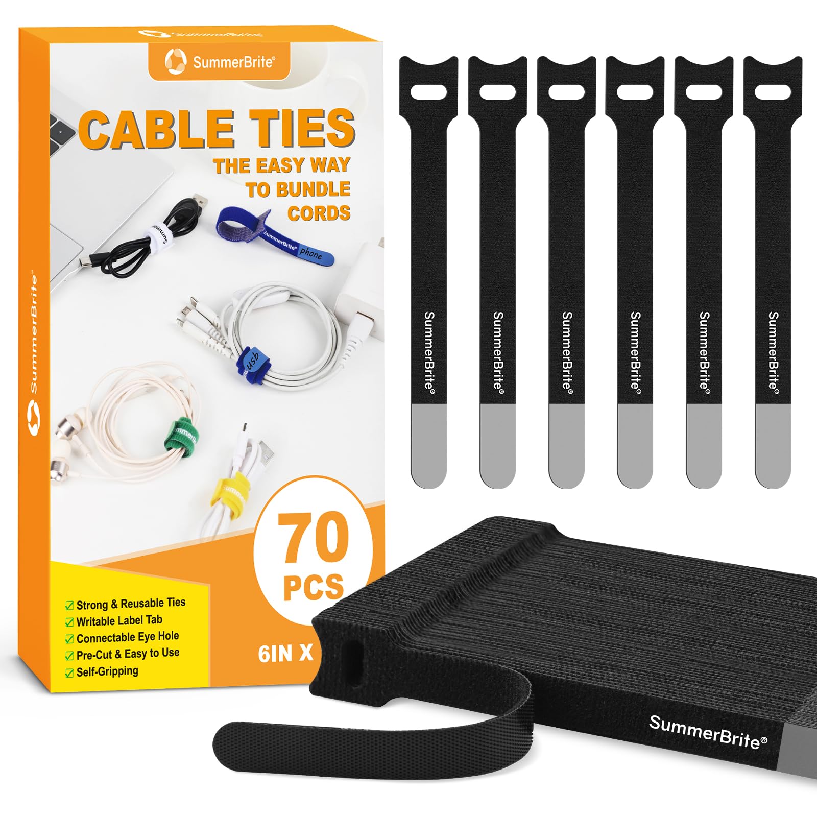 Summerbrite 70PCS Reusable Cable Ties Black Cable Straps Adjustable Hook and Loop Releasable Cable Tidy Ties Fastening Straps for Home & Office Desk PC Cable Management(12mm x 15cm)
