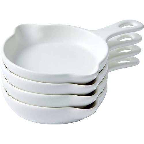 Bruntmor Pre-Seasoned 5" Matte Ceramic Cast iron Skillet Look Serving dessert Appetizer Plates, Dishwasher and Oven Safe, Dinner Set of Skillet - Set of 4 (White)