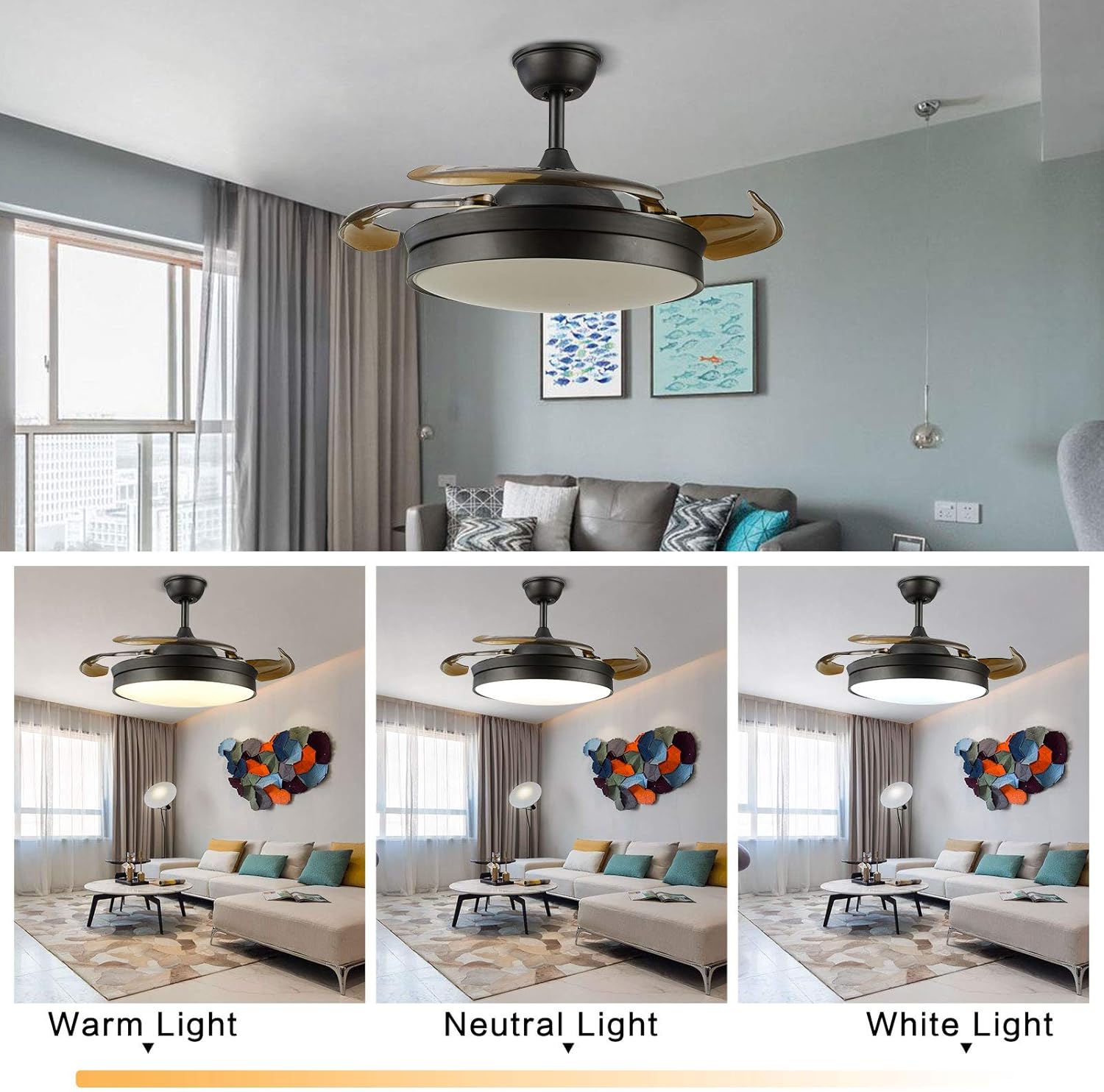 Best Cyber Deals 🔥 42 Retractable Ceiling Fan with Dimmable Light and Remote Control - Modern Retractable Fan Chandelier, Hidden Fan Chandelier, Matte Black