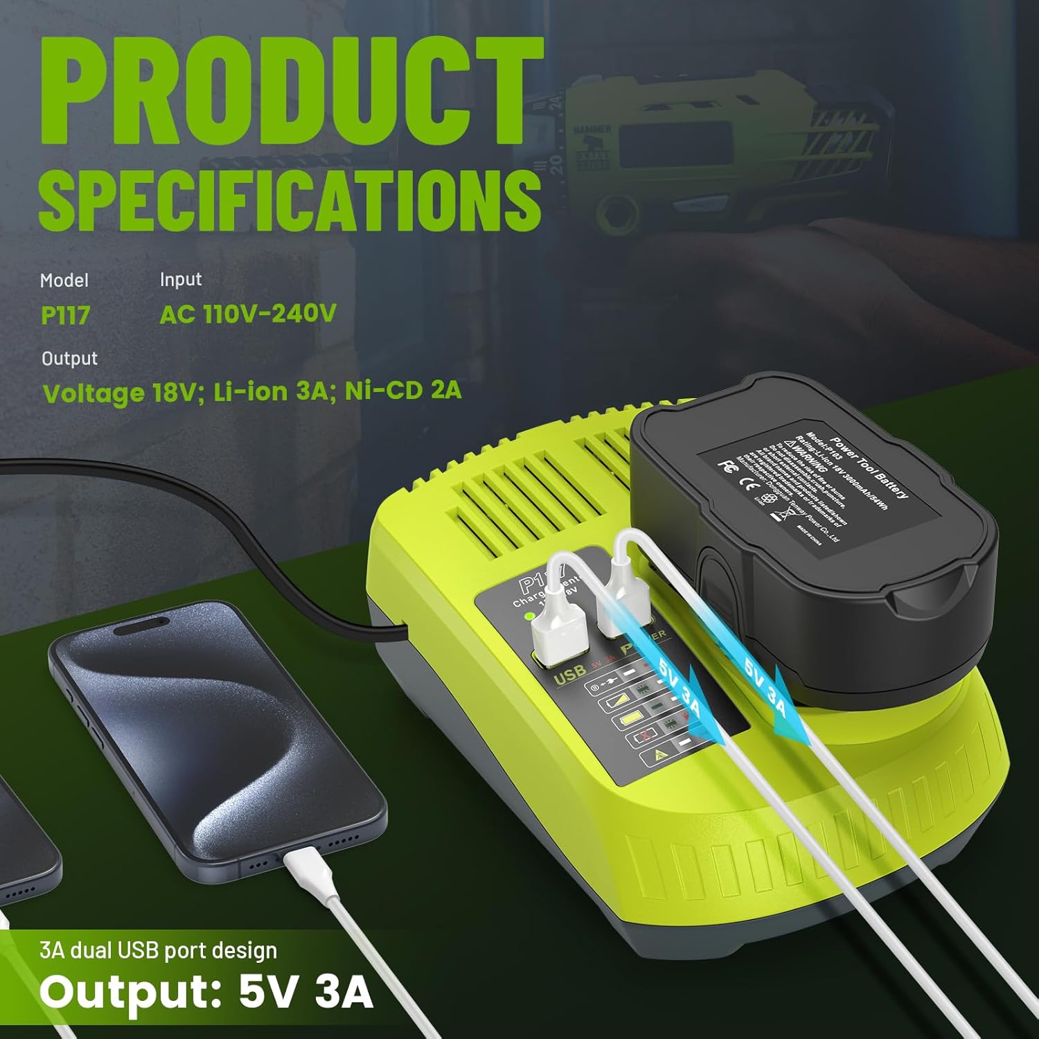 P103 18V 3000mAh 2-Pack Replacement Battery P117 12V-18V Charger for Ryobi Battery Charger Combo Compatible with P100 P102 P104 P105 P107 P108 P109 P190 Charger for Ryobi Lithium-Ion/NiCad/NiMh - Image 2