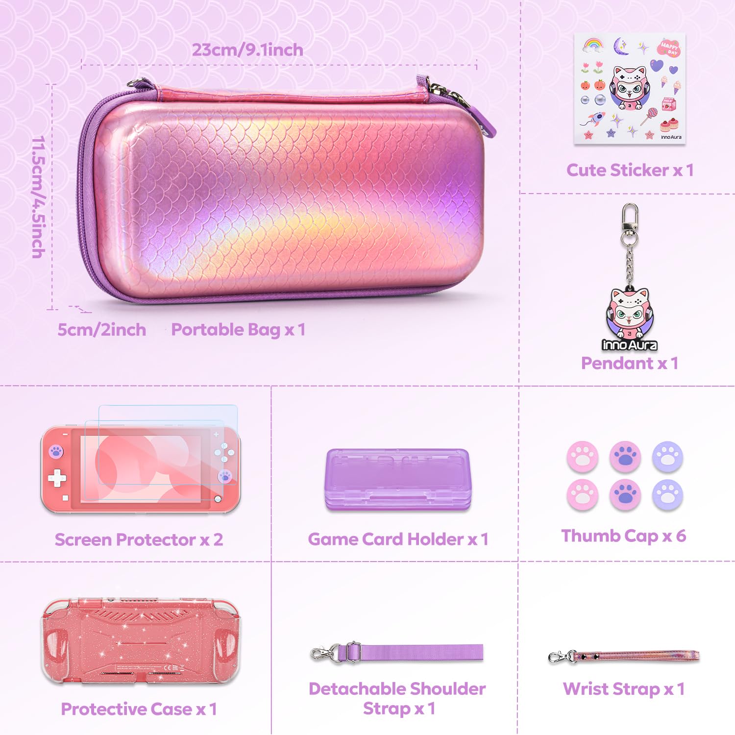 Borsa per Switch Lite, innoAura Pacchetti Accessori per Switch Lite con Custodia Switch Lite, Proteggi Schermo Switch Lite, Custodia Protettiva Switch Lite Copri Pollice, Custodia Giochi (Rosa Sirena)