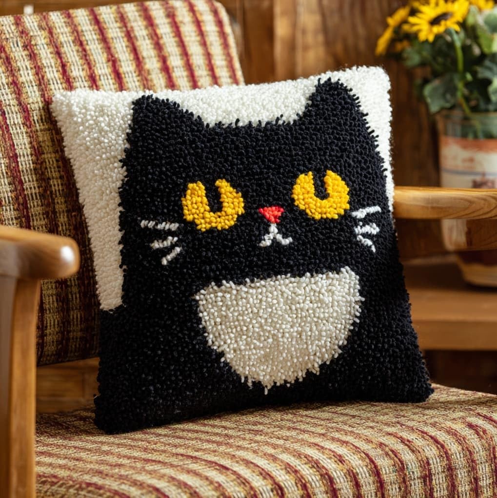 AxiangziK Latch Hook Pillow Kit,Cute Black cat