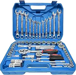 Kit de Ferramentas 61 Peças Profissional, Chave Combinada, Soquete e Catraca Reversível para Reparos Automotivos e Domésticos com Caixa de Armazenamento