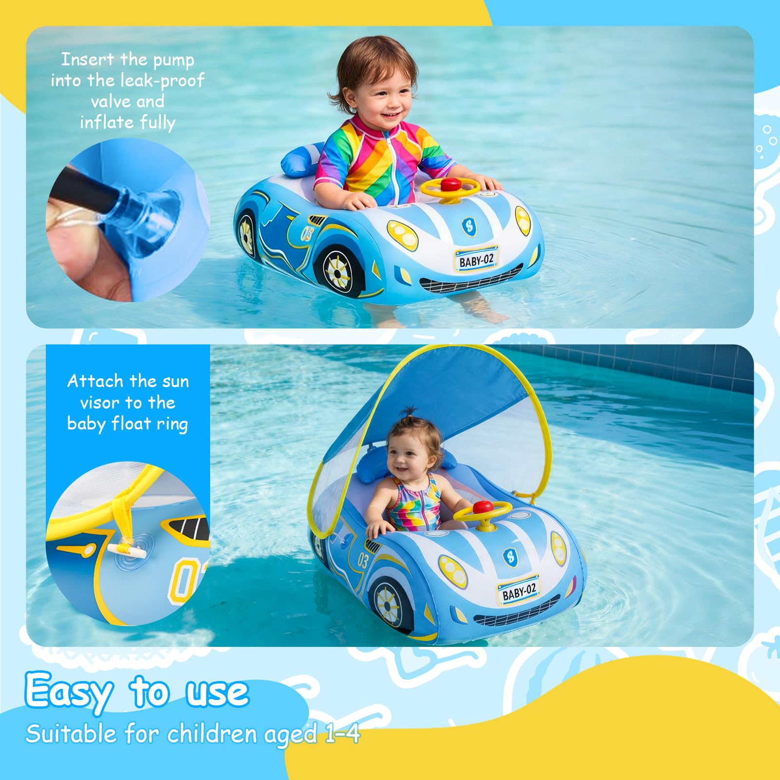 XIMEI Flotador Bebé con Parasol, Baby Float Hinchable para Bebés, Anillo de Natación para Bebé, Flotador Piscina Protección UV, Juguetes Bebe de Piscina 1 a 5 Años