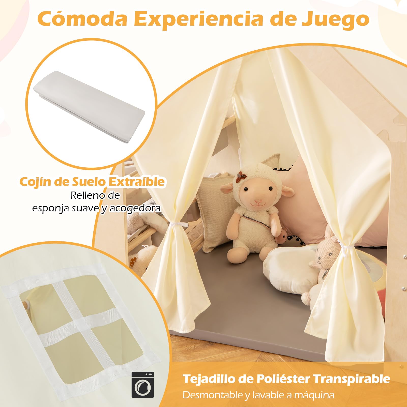 GOPLUS Tienda de Campaña de Madera para Niños de 2-6 Años, Tienda de Juego 6 en 1 con Mesa y Silla Infantil de Altura Ajustable con Pizarra, Colchón de Espuma, 6 Cajas para Juguetes, Carga Máx 60kg