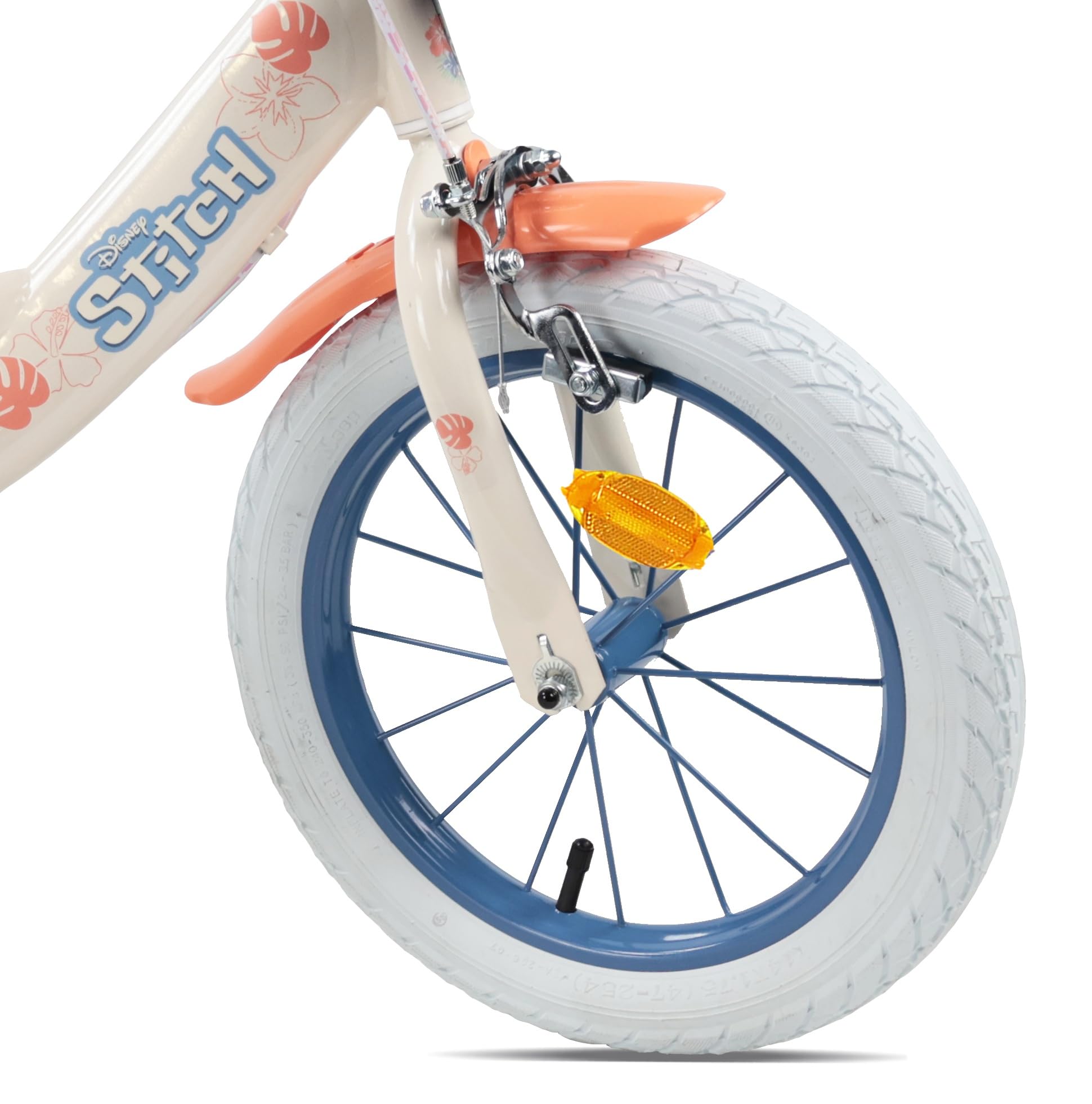 Disney Vélo 14'' Fille Licence Stitch de livré avec Son Casque - 2 Freins Caliper - Pneus Gonflables - Panier Avant - Porte-poupée arrière - Garde-Boue - 2 Stabilisateurs