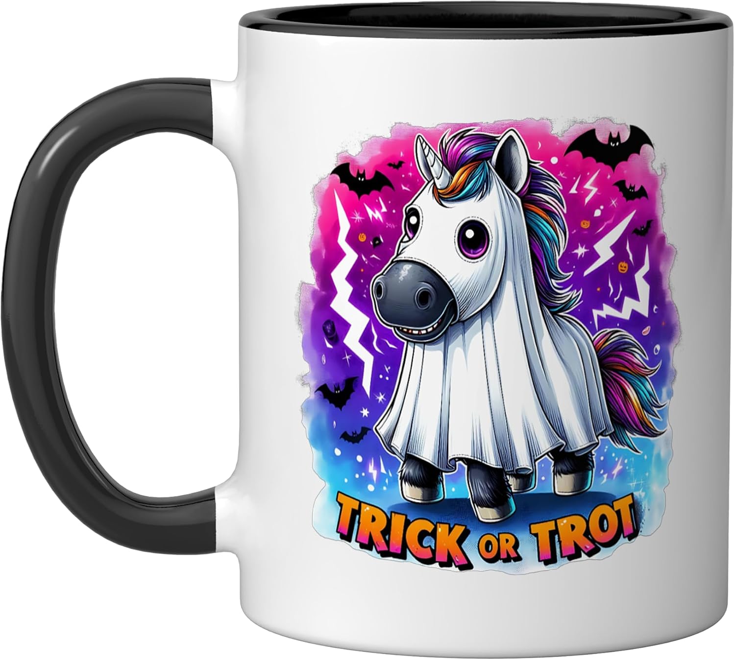 Trick or Trot Funny Horse Unicorn Lovers Halloween Ghost Ceramic Mug, Blue/White, 15oz image 4