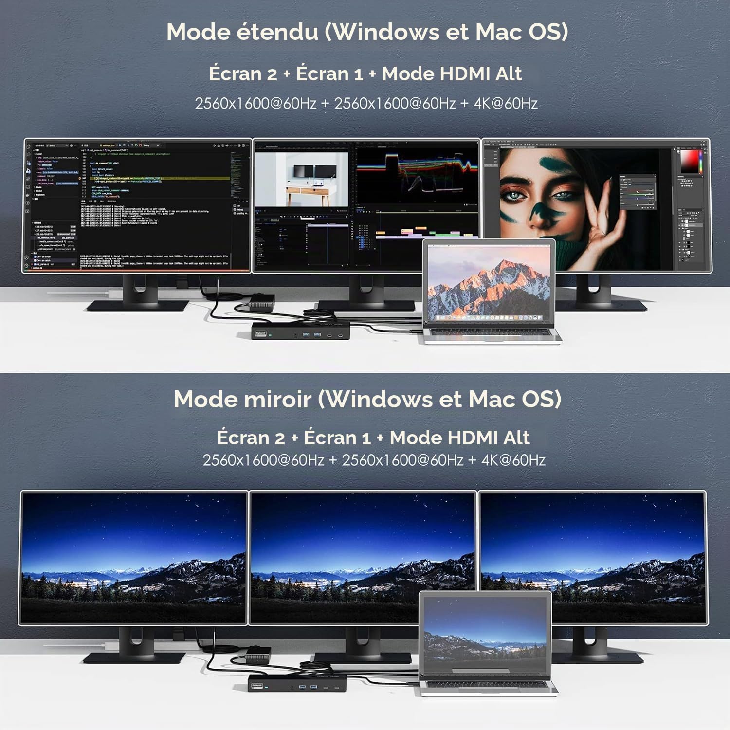 WAVLINK Station d'accueil triple Displaylink avec 100 W PD, station d'accueil 15 en 1 USB-C pour ordinateur portable, compatible avec MacBook Neo, Dell, Asus, 1 port HDMI 4K, 2 HDMI et DP, 2 USB-C, 4