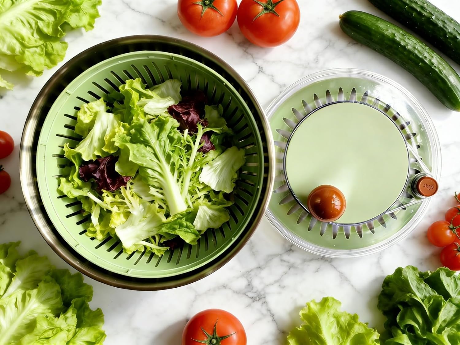 5.3Qt Stainless Steel Salad Spinner with Stop Button, Lid & Non-Slip Base, Salad Spinner Stainless Steel no Plastic, Dishwasher Safe, Vegetable Spinner Dryer with Drain Hole (GREEN)