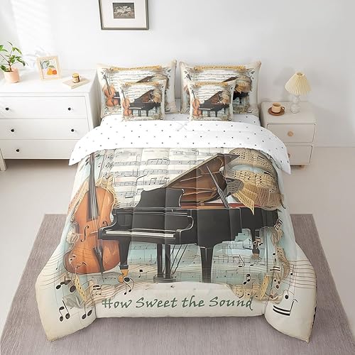 Juego de edredón de violonchelo de piano de 7 piezas, tamaño individual, juego de ropa de cama con temática musical para niños, niñas, niños y