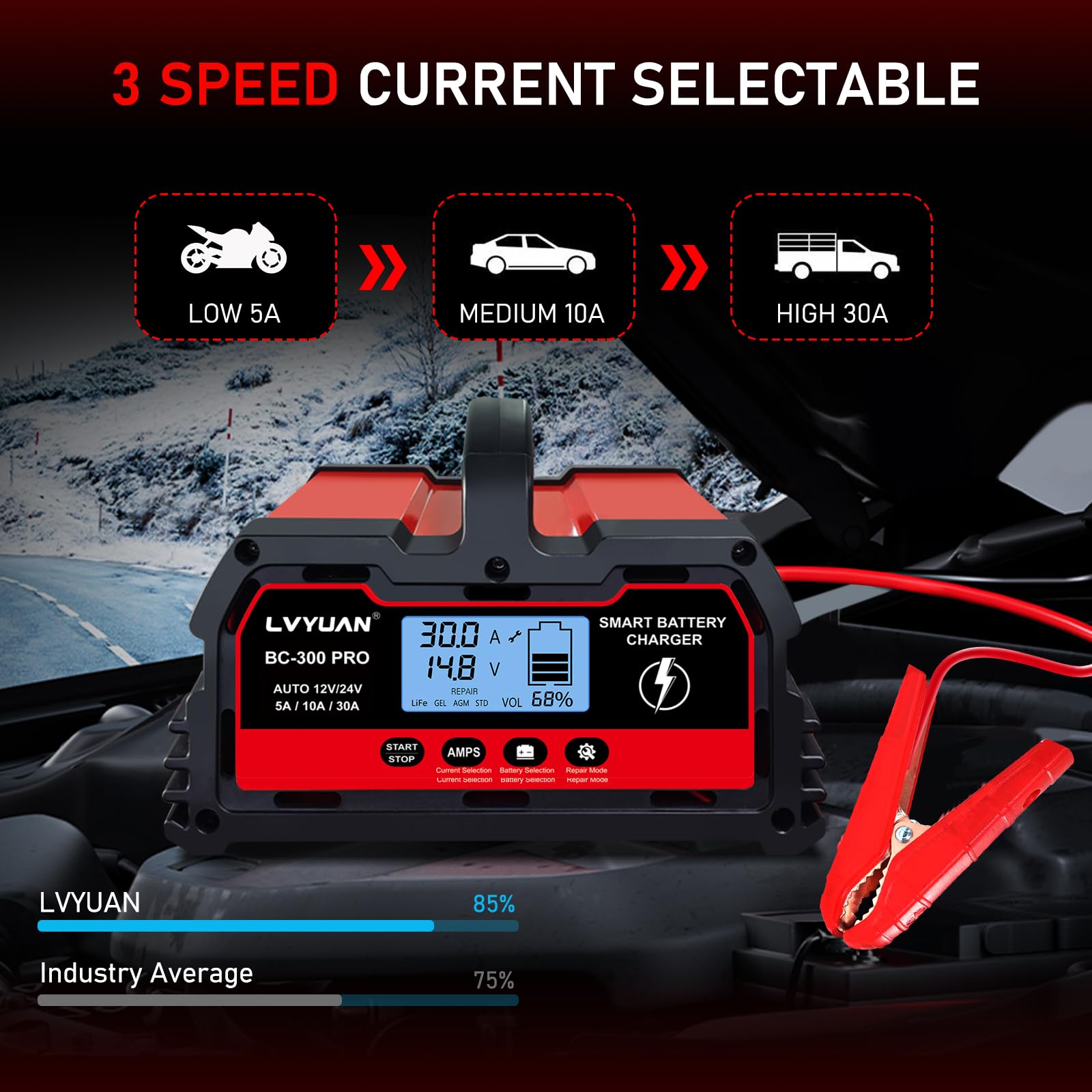 LVYUAN Caricabatterie intelligente per auto da 30 Amp, caricabatterie per auto da 12 V/24 V, batteria al piombo LiFePO4 con display LCD, caricabatterie per tosaerba, moto, AGM, STD, Gel, EFB, ecc