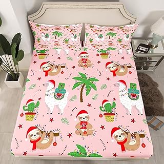 Erosebridal Xmas BedÂ Sheets Queen Size,Kids Cartoon Sloth Animal Alpaca BeddingÂ Sets Lovely Sheep Llama FittedÂ Sheet Xmas Lights Cactus BeddingÂ DecorÂ Set Wildlife Christmas Decorations Merry