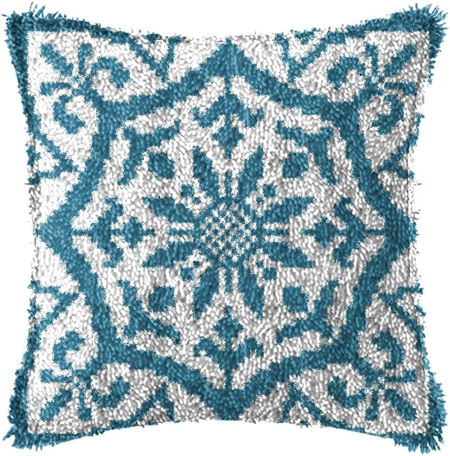 LAPATAIN Latch Hook Kits for DIY Throw Pillow Cover,Blue Flower Pattern Needlework Cushion Cover Hand Craft Crochet for Great Family 17x17inch