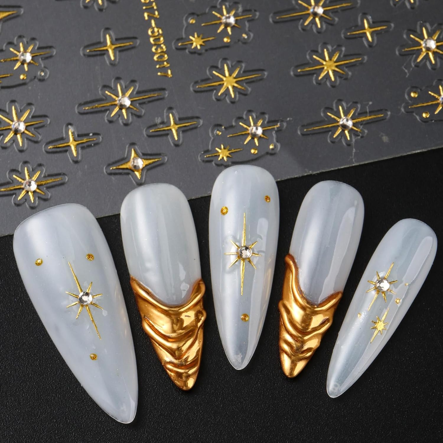 Holographic Gold Star Nail Stickers with 5D Embossed Rhinestones & Laser Silver Love Heart - 4pcs Y2K Starburst Nail Art Decals+ Tweezers - Shiny Wedding Nail Decorations for Women Supplies