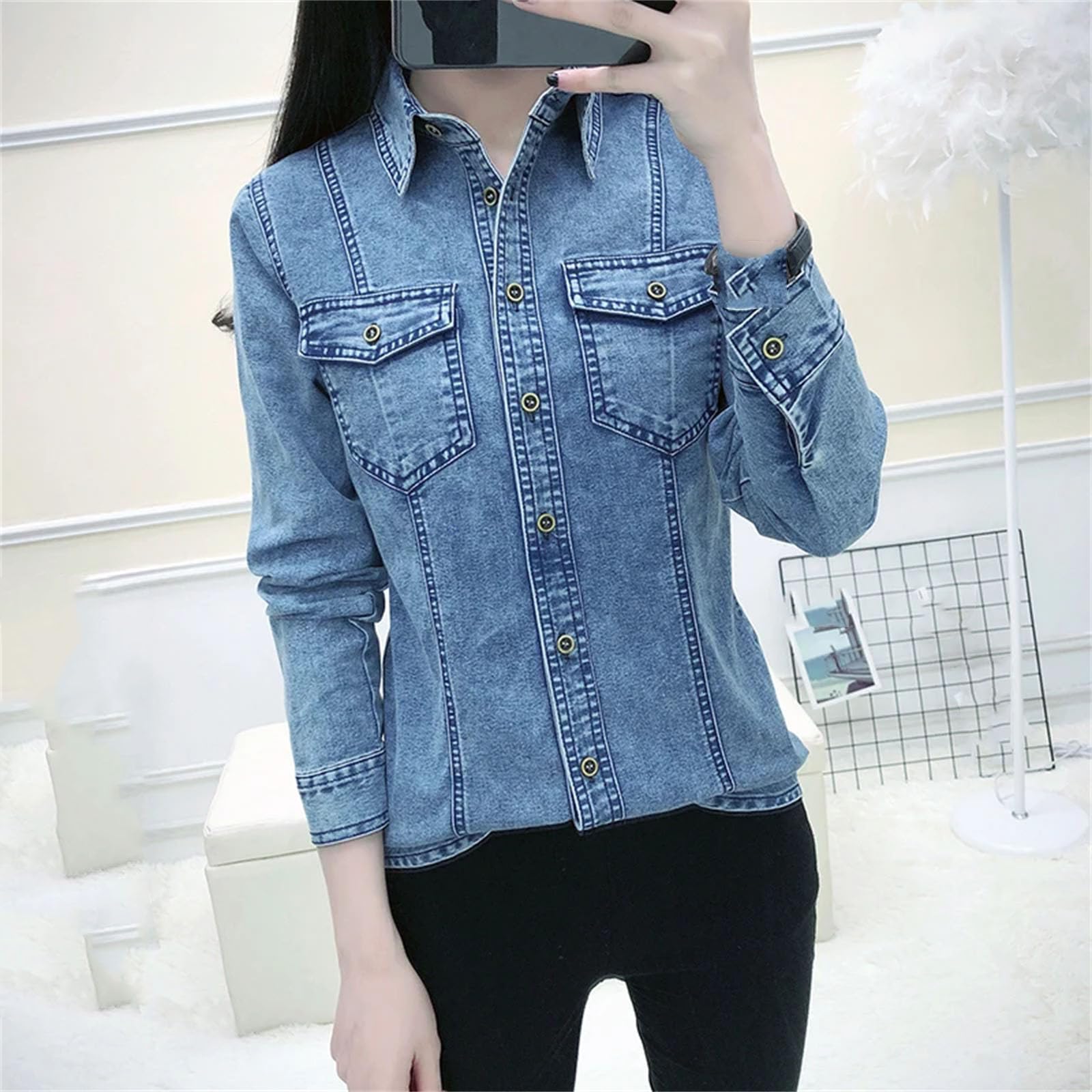 Camicia da donna in denim casual tinta unita con bottoni singoli tasche a maniche lunghe top camicie camicette