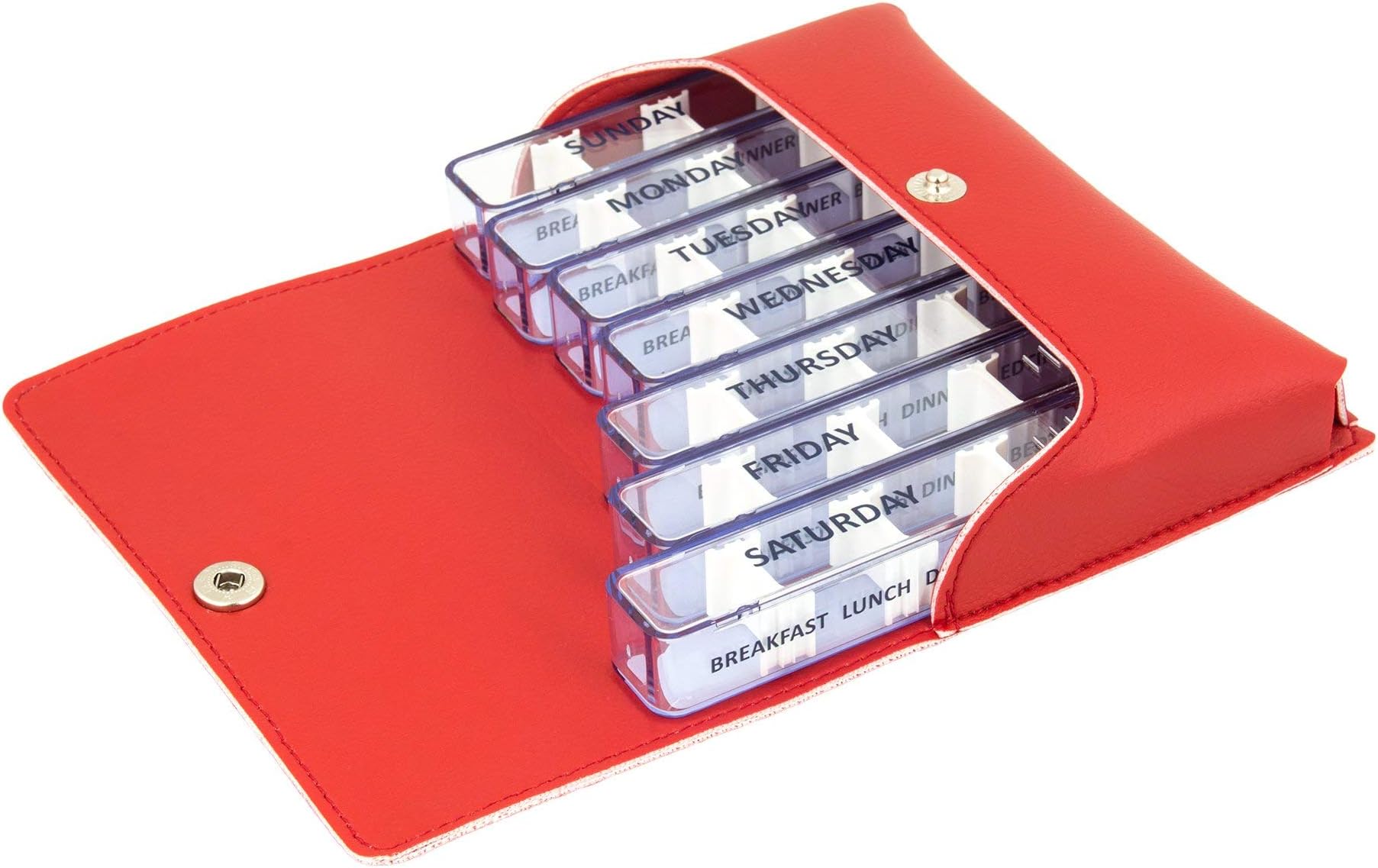 Medidos Pill Organiser 7 Day | 1 Small Pill Box for each Day of the Week | 4 Compartments: “Breakfast, Lunch, Dinner, Bedtime” | Leatherette Case in Red