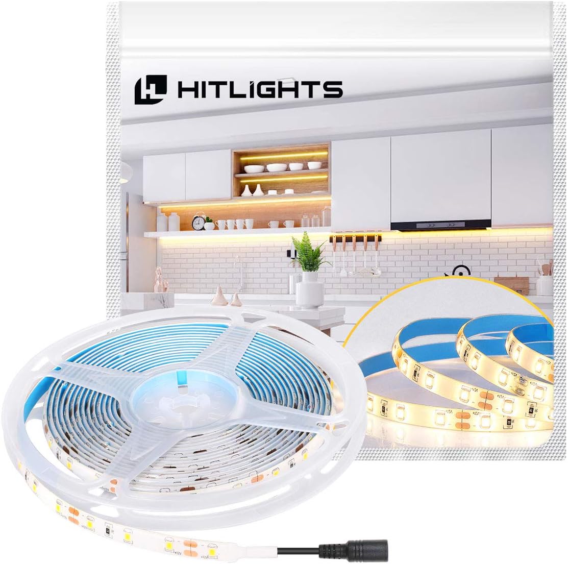 HitLights LED Strip Lights Warm White SMD 300LED 16.4FT 3528 LED Light Strip 3000K 12V DC Tape Lights for Home Kitchen Party Under Cabinet and More - 2nd Gen