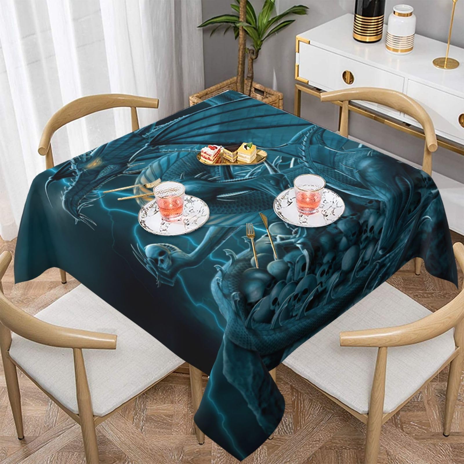 DCEHGEW Skull Dragon Prints Square Tablecloth 152x152 CM, Waterproof Fabric Table Cloth for Dining Table, Farmhouse Table Cover for Kitchen Dining Tabletop Decoration