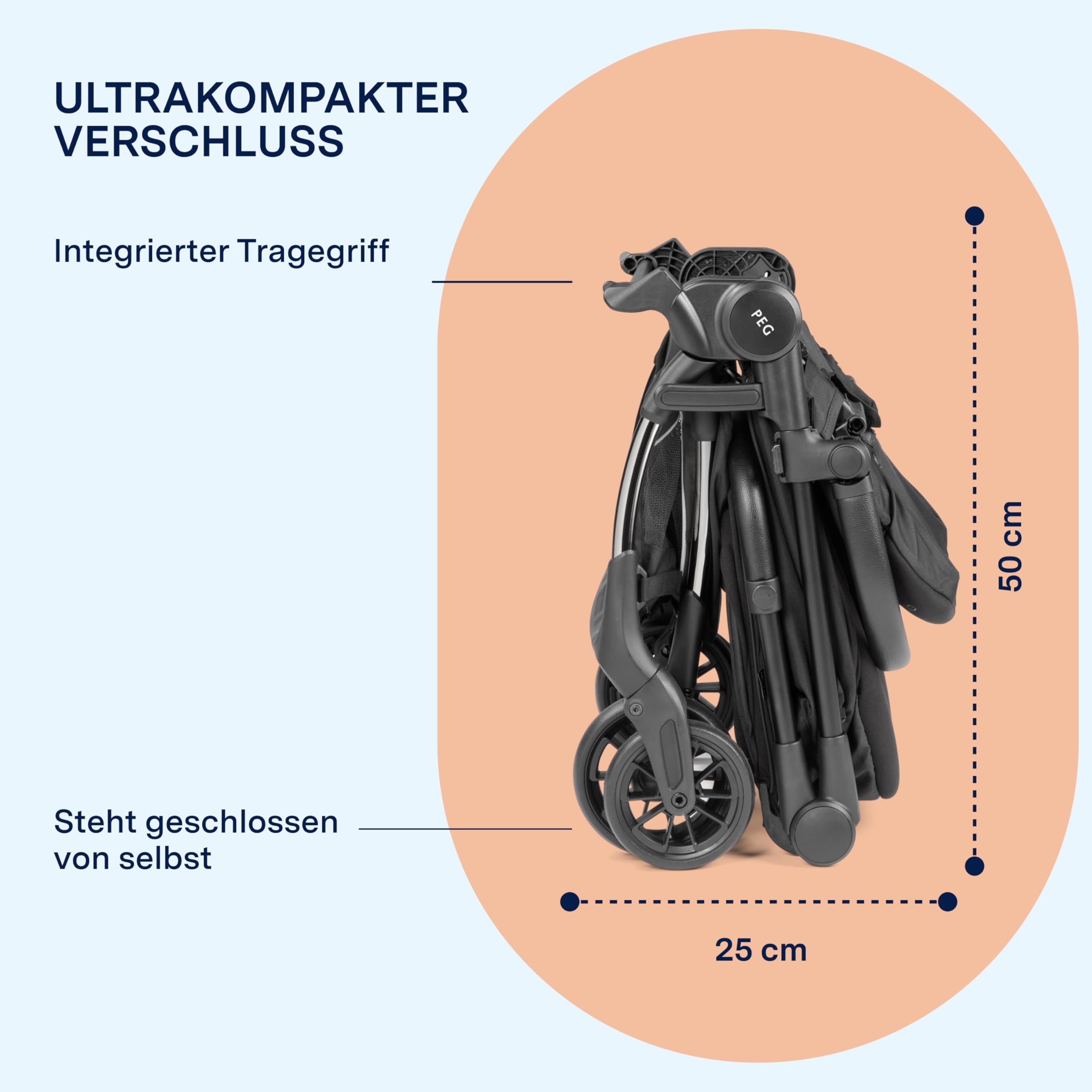 PEG Leichter Buggy Volo mit Regenschutz, Handgepäckgröße, Flugzeuggeeignet, Kompakt, Ab Geburt bis 22 kg, Reisetasche Inklusive, True Black