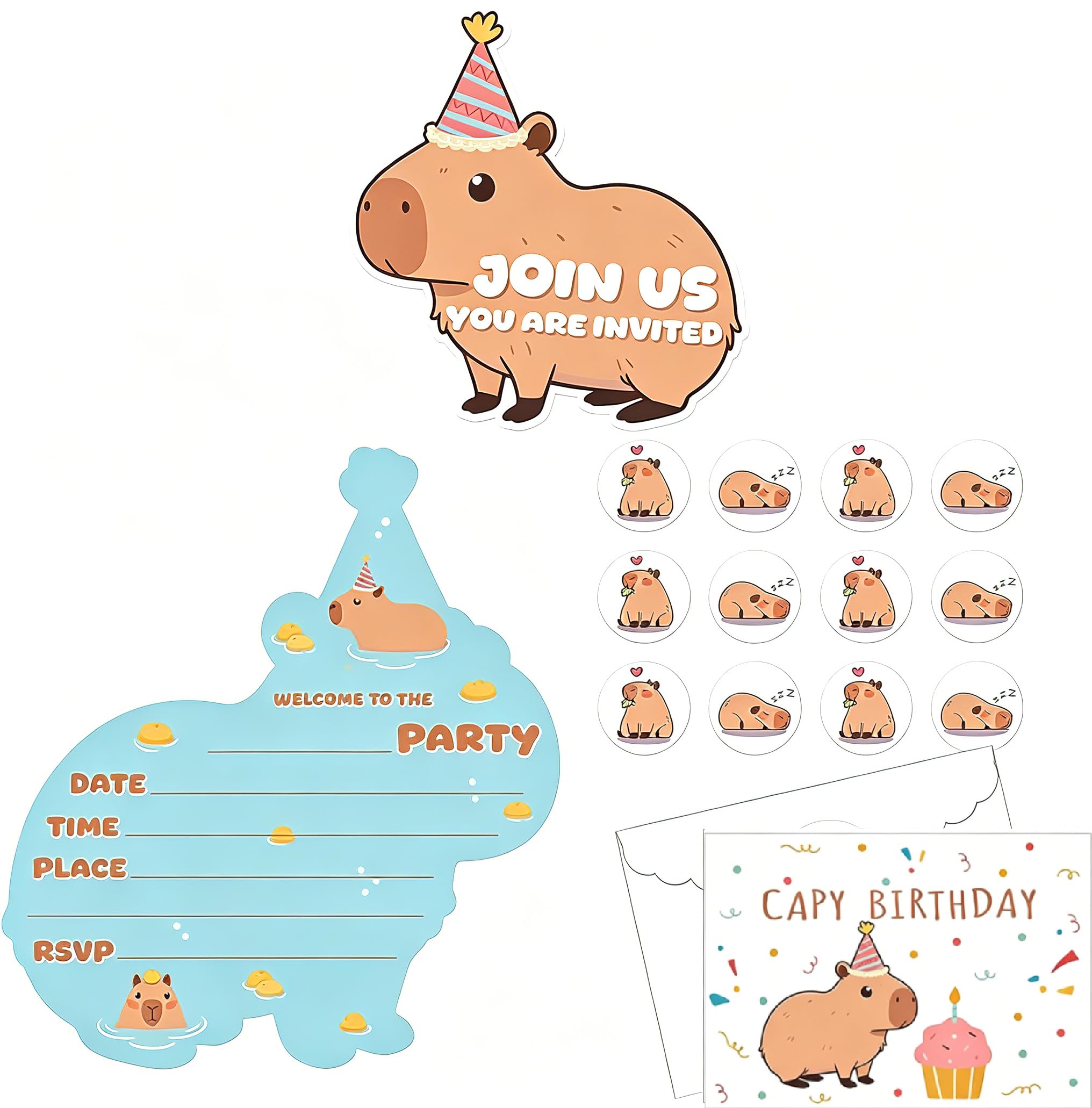FeiatPogra 12 Pack Capybara Birthday Party Invitation Cards with Envelopes Stickers, Cute Kids Party Invitations for Boys Girls, Birthday Invitations for Kids Party Baby Shower and Family Celebrations