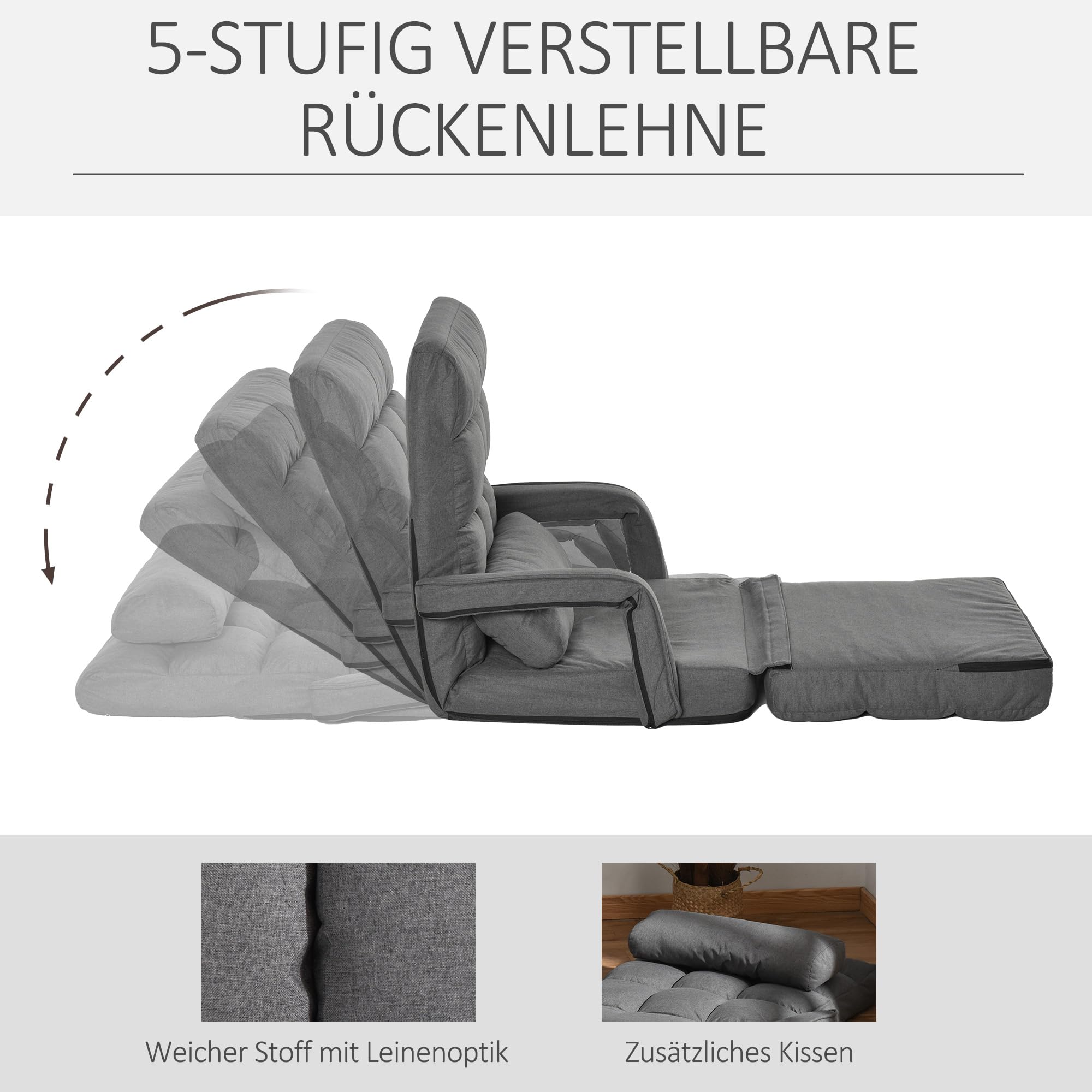 HOMCOM Bodenstuhl Bodensessel mit 5-Fach Verstellbarer Rückenlehne, Lendenkissen, Schlafsessel Bodensofa Gepolstert Lazy Sofa für Wohnzimmer Gaming & Lesen Dunkelgrau