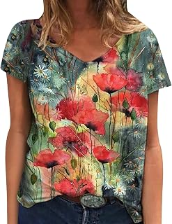 DASEIS Tank Top for Women, Skater Casual Shirt Woman Summer Short Sleeve Lightweight Cutou Shirt Printed Patchwork Cozy V Neck Tshirt for Women Red