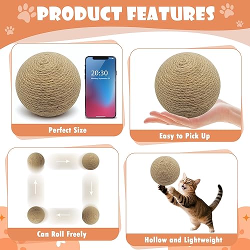Miniatura 4 de Bola de sisal para gatos, bola rascadora natural interactiva grande de 6.3 pulgadas, rascador perfecto para ejercicio y diversión de gatos en