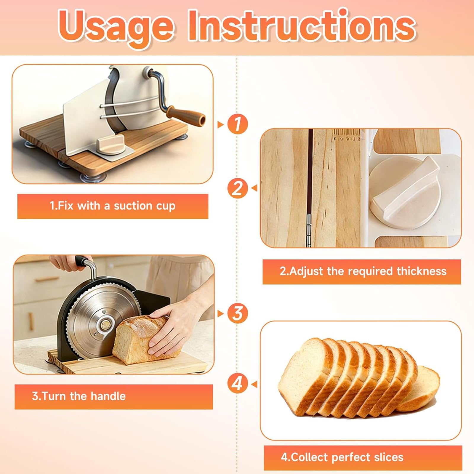 Affettatrice manuale regolabile del pane, 1-20mm spessore, taglierina rotante a mano per il lievito madre e pani fatti in casa, base di legno stabile con guida in metallo, design pieghevole per affett