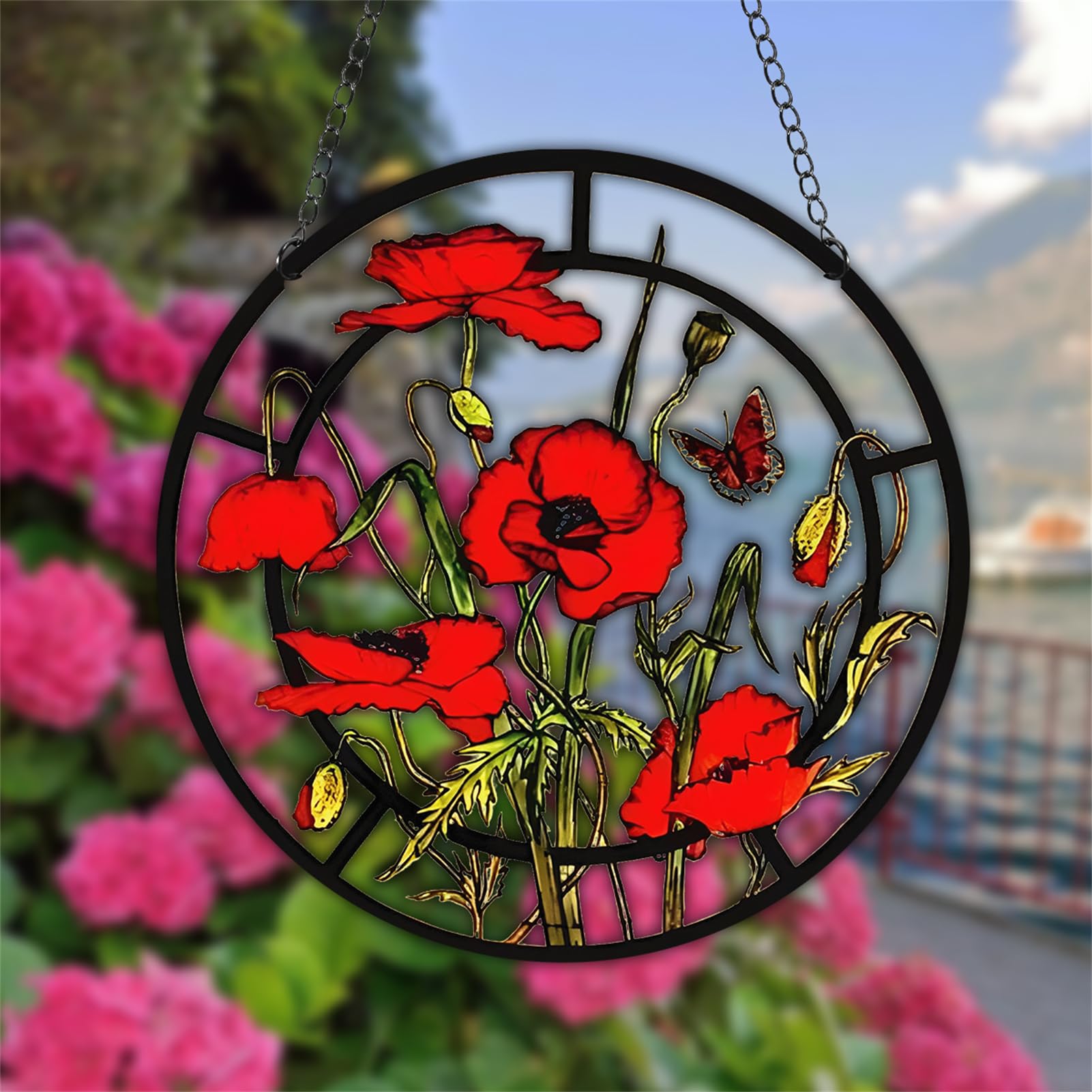WOHAHA Red Poppy Flower Stained Window Hanging Floral Acrylic Panels Indoor Outdoor Round Windows Hanger Kitchen Bedroom Garden Wall Art Decor Gifts for Women Mom Grandma Teacher