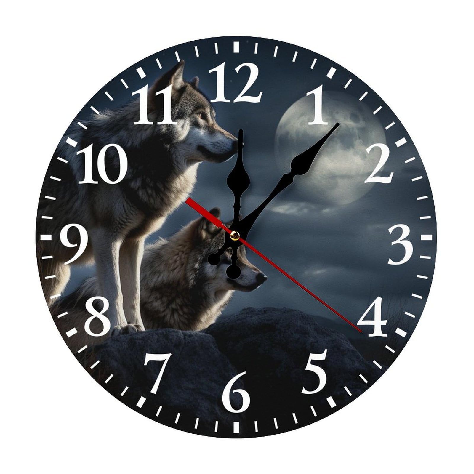 NTVOWPZO 10 Inch Wall Clock Wolves in The Moonlight Battery Operated Wall Clocks Silent Non-Ticking Round Wall Clock for Living Room Kitchen Home Office Wall Decorative Clock