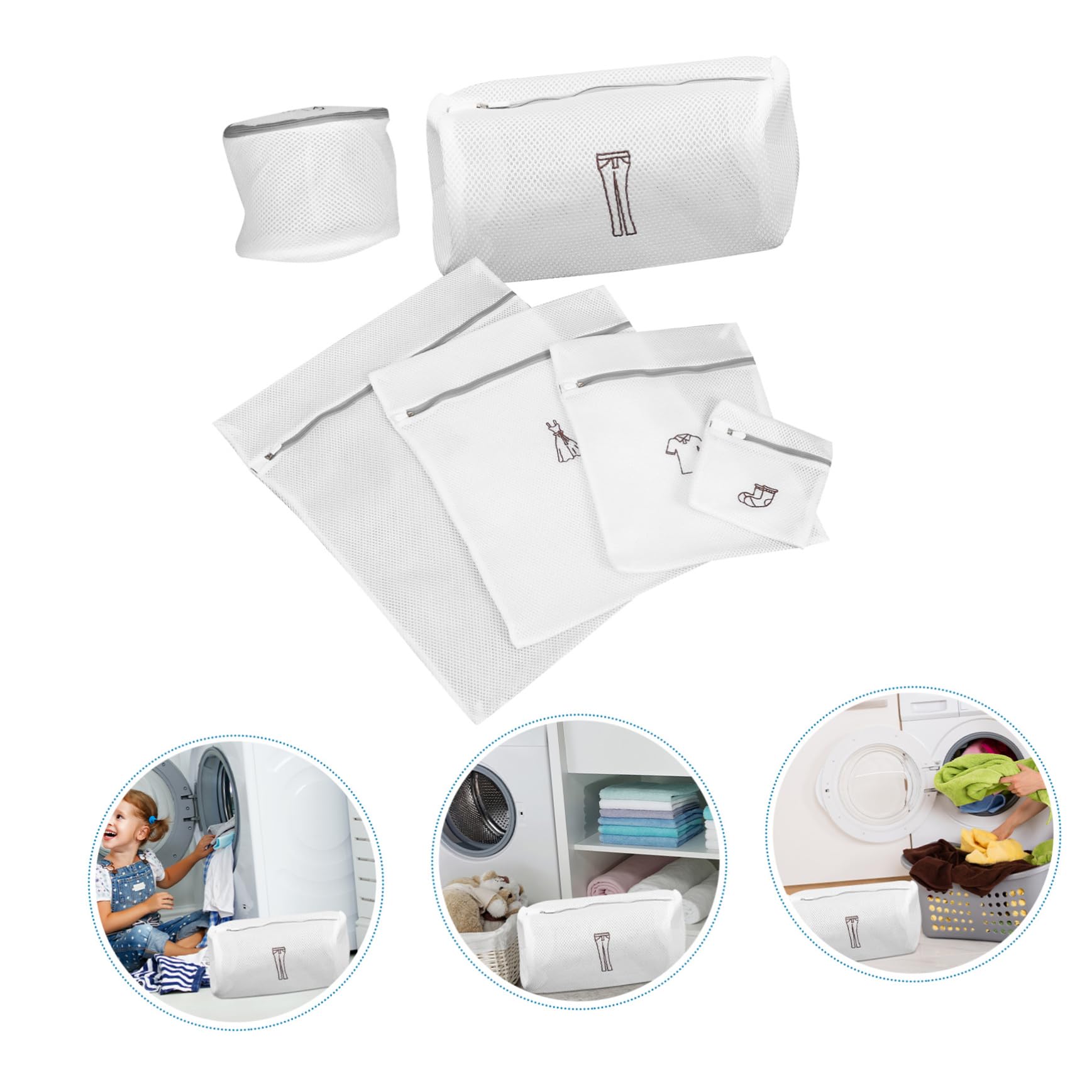 Set 6 Sacchetti per Bucato in Poliestere Rete Fine, Lavabili in Lavatrice, Protezione Completa per Indumenti in Spazi Piccoli e Dormitori, Design Raffinato Ricamato Bianco