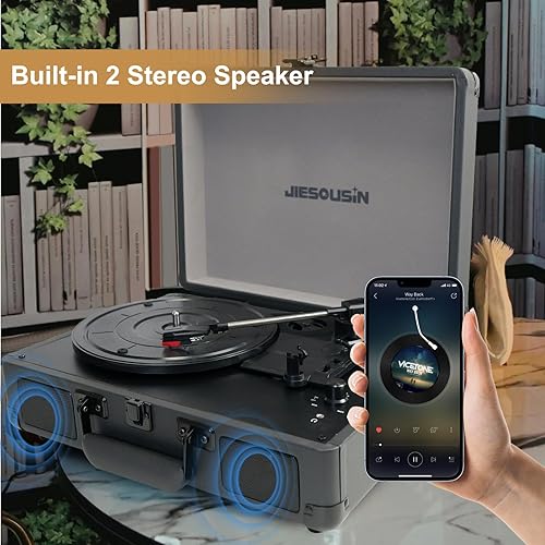 Miniatura 4 de Tocadiscos de vinilo, 3 velocidades Bluetooth portátil con altavoces integrados, auriculares, entrada AUX, reproductor de vinilo de línea RCA para