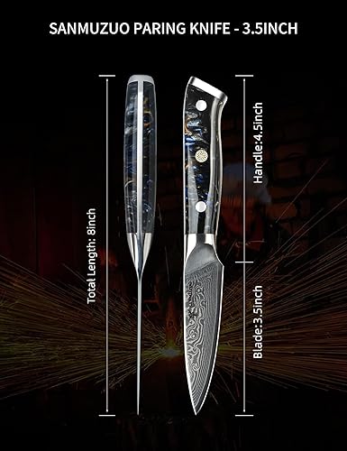 Miniatura 9 de SANMUZUO Cuchillo de pelar de 35 pulgadas cuchillo de cocina para frutas y verduras mango de acero de Damasco y resina - Serie Xuan naranja fantasía